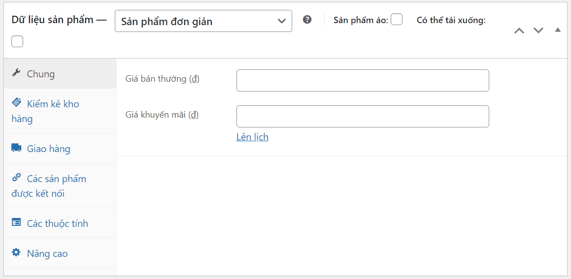 Phần dữ liệu sản phẩm trên trang sản phẩm mới trong WooC Commerce.