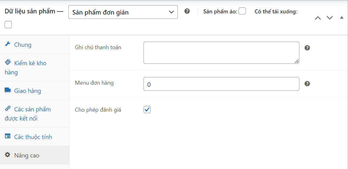 Đặt thông số kỹ thuật nâng cao cho sản phẩm của bạn nếu có.