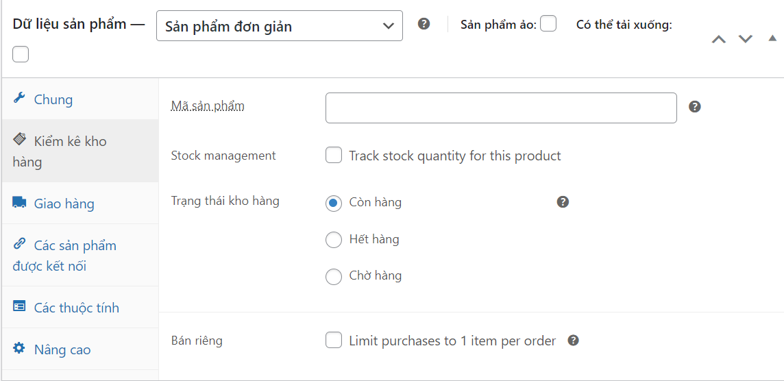 Xem các tùy chọn Hàng tồn kho trong WooC Commerce.